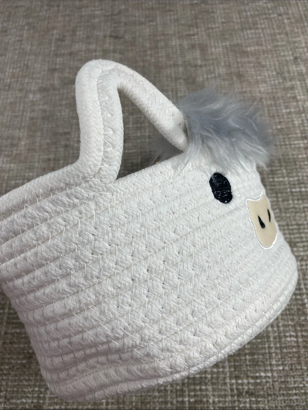White Rope Storage Basket with Gray Faux Fur Details cute cow